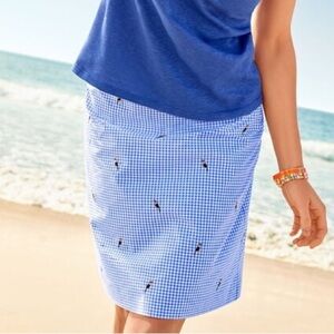 Talbots Blue Gingham Cotton Canvas A-Line Skirt Embroidered Parrots Size 6